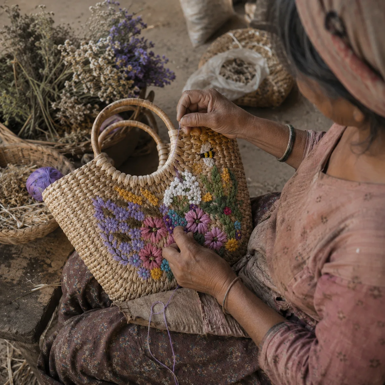 Women artisans weaving traditional reed craft in North East India