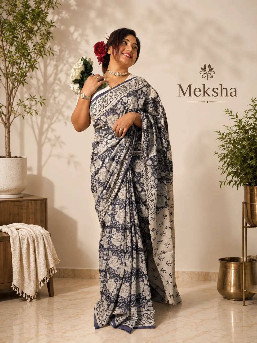 Meksha Nazakat collection — hand block printed saree in atelier setting