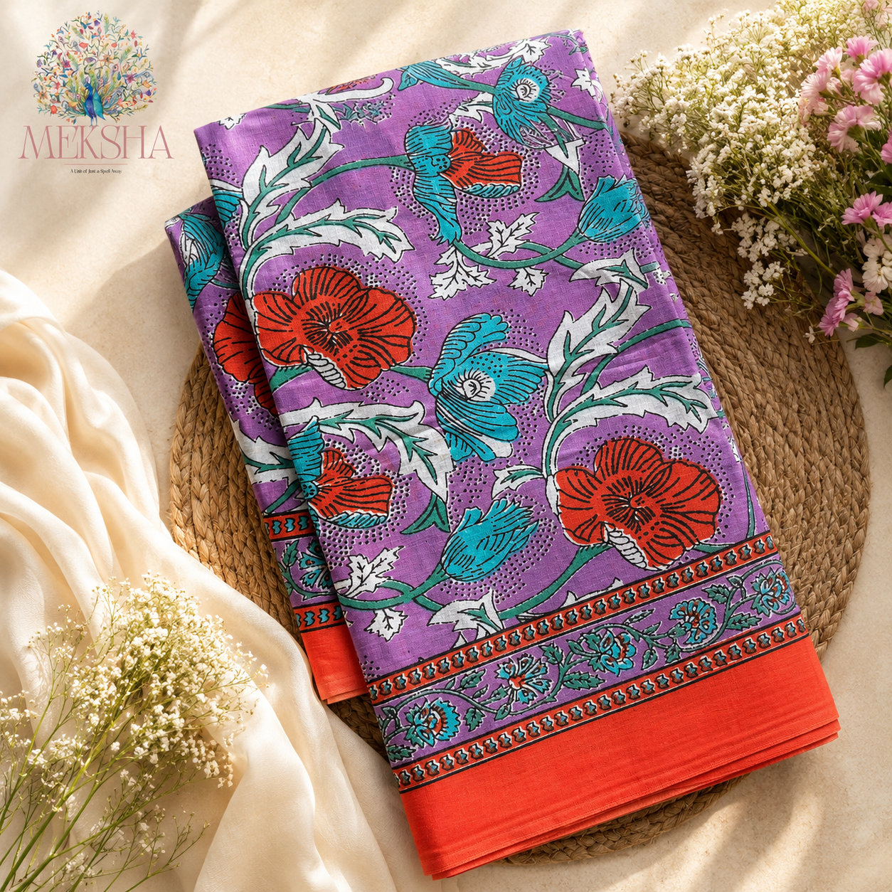 Gulbaag Soft Cotton Printed Saree - Floral Bloom (Orange Border)