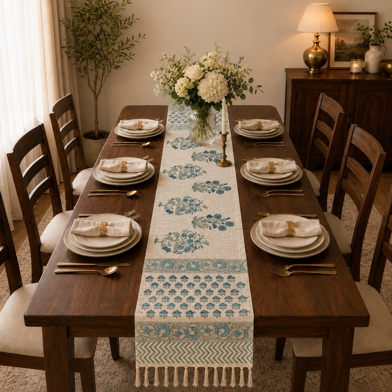 Cotton Jute Table Runner - Blue Phool