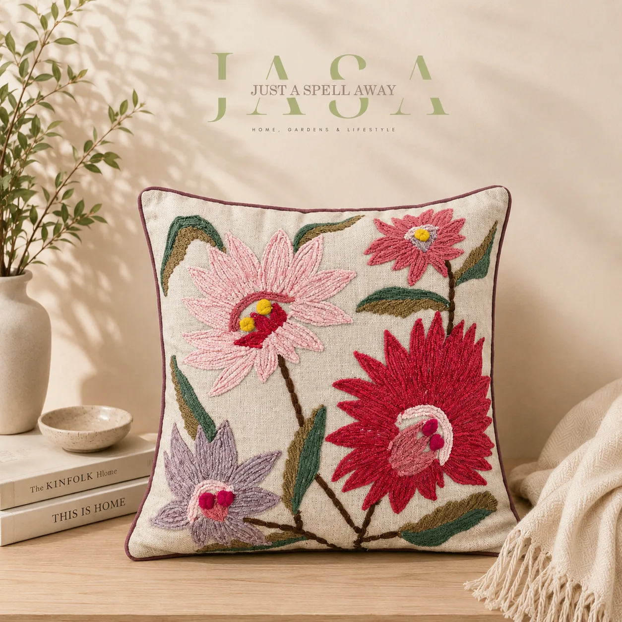 Crimson Bloom Embroidered Cushion Covers