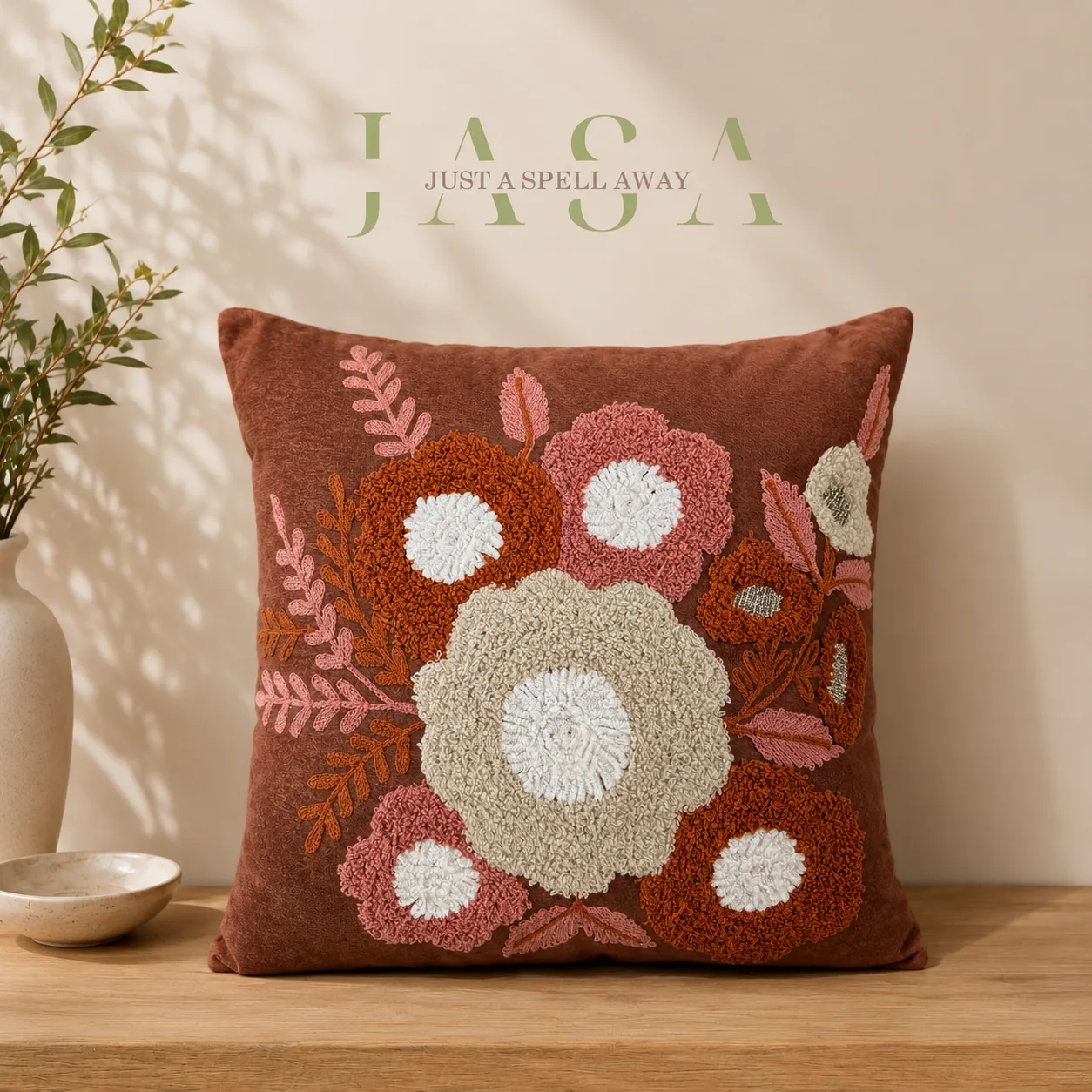 Blush Blossom Cocoa Embroidered Cushion Cover