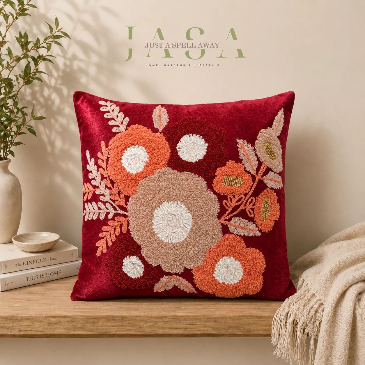 Blush Blossom Maroon Embroidered Cushion Cover