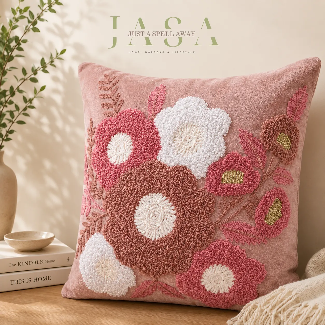 Blush Blossom Pink Embroidered Cushion Cover
