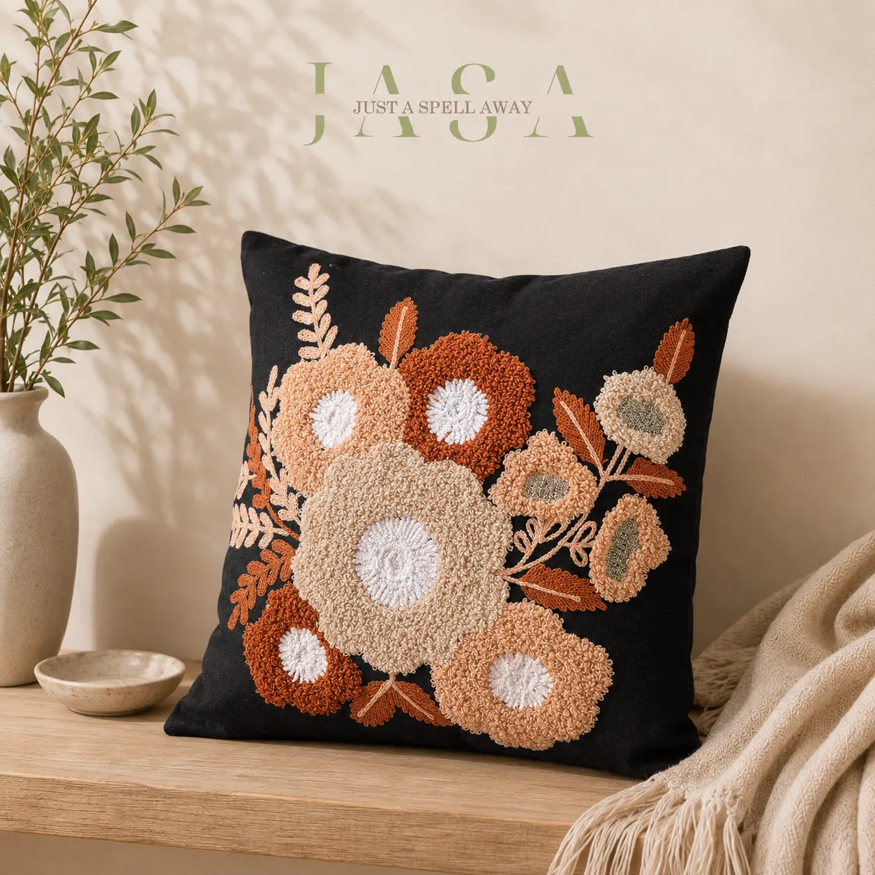 Blush Blossom Royal Black Embroidered Cushion Cover