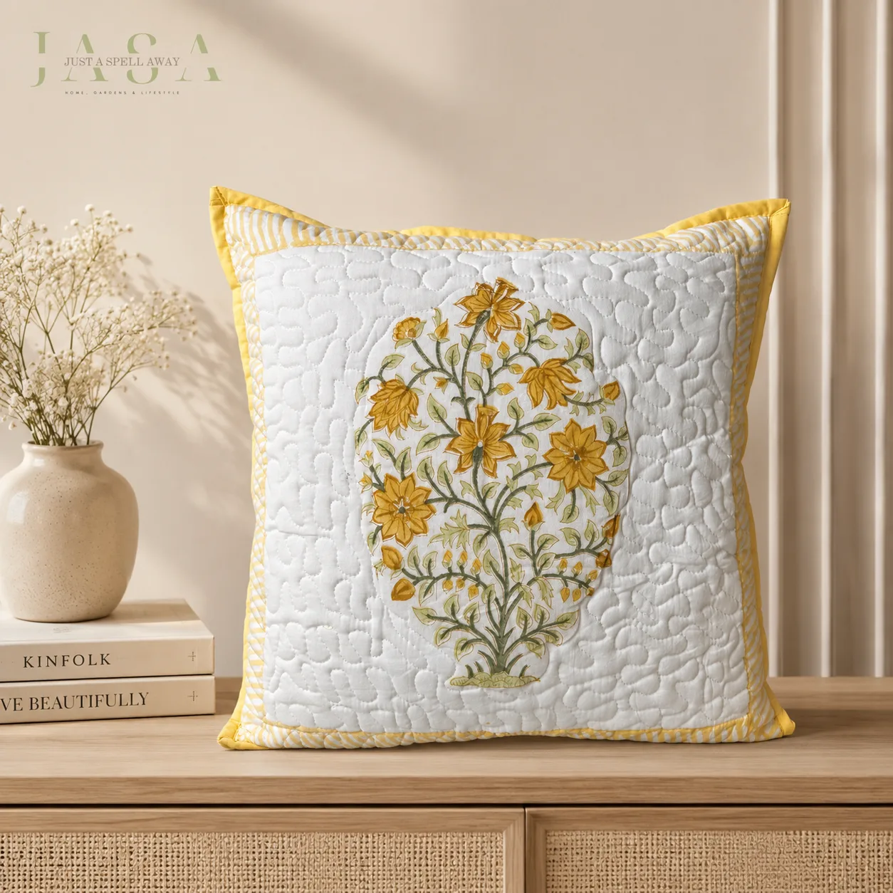 Bela Hand Block Printed Quilted Cushion Cover