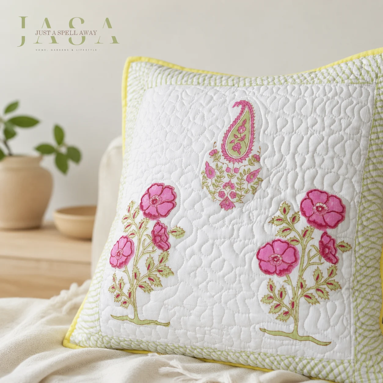 Gulaabi Hand Block Printed Quilted Cushion Cover