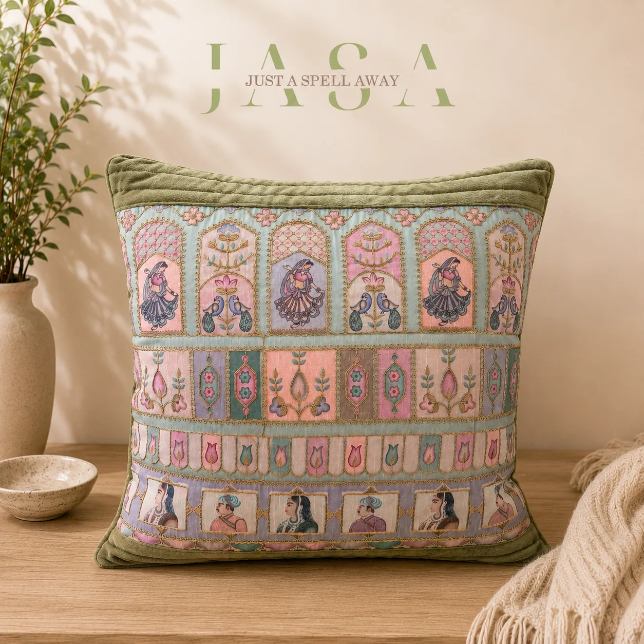 Royal Ethnic Cotton Velvet Cushion Cover - Green