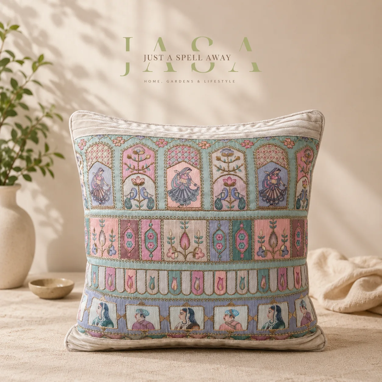Royal Ethnic Cotton Velvet Cushion Cover - Pearl White
