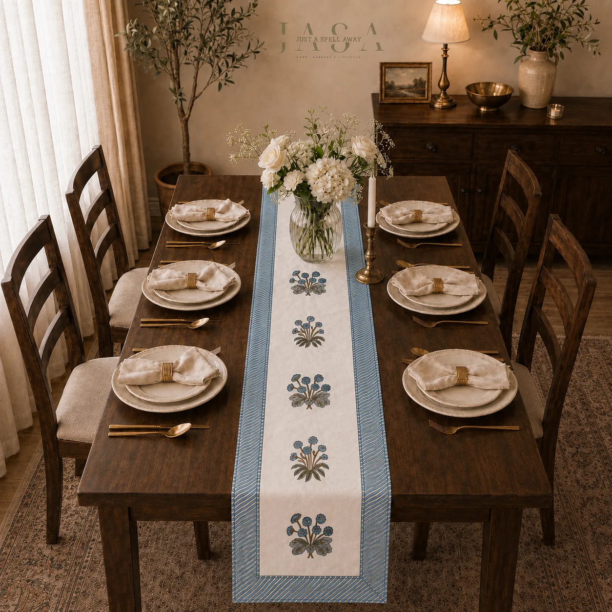 Cotton Hand Block Printed Runner - Blue Flowers