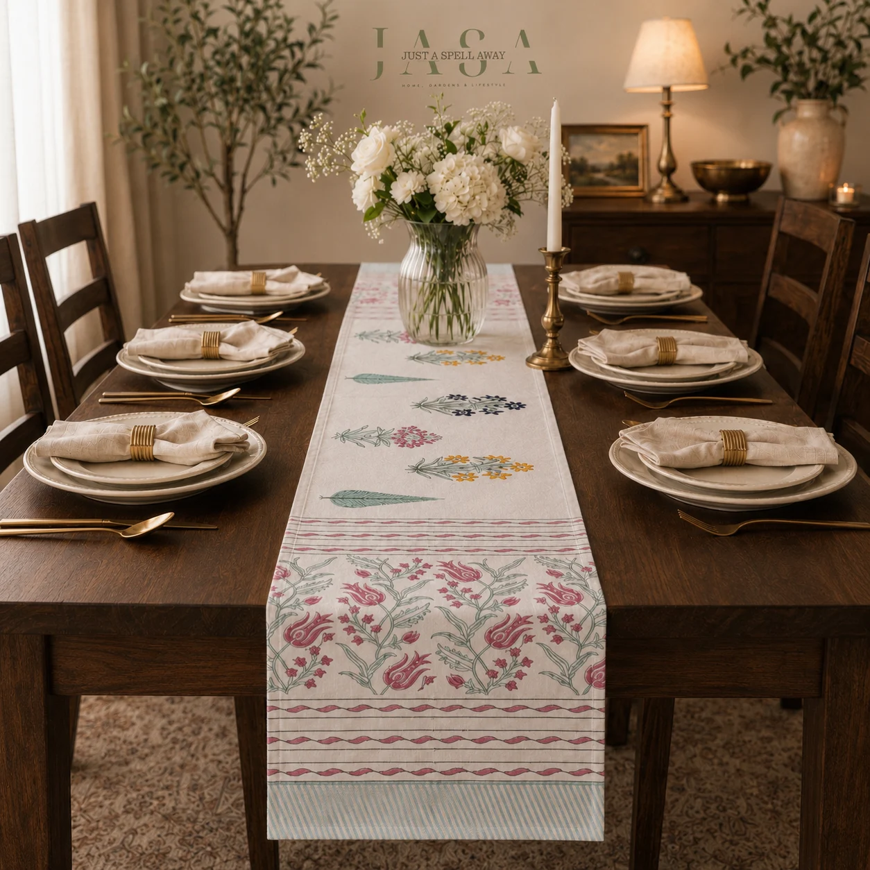 Cotton Hand Block Printed Runner - Blue, Pink & Yellow Flora