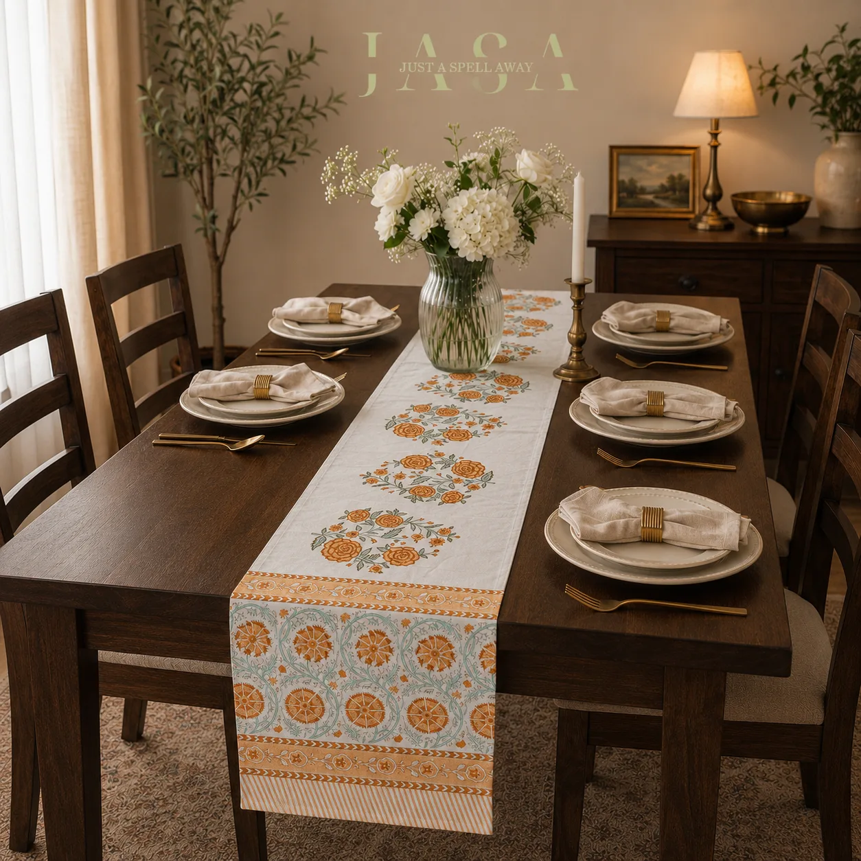 Cotton Hand Block Printed Runner - Yellow Roses