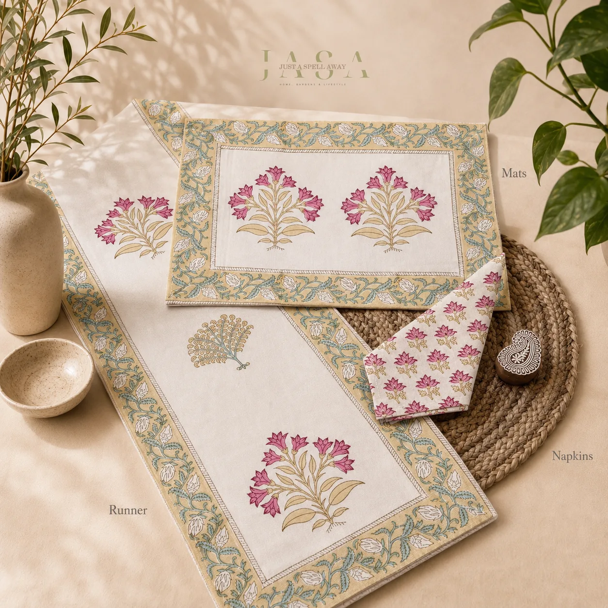 Hand Block Printed Cotton Runner Set - Pink Phool with Yellow Border