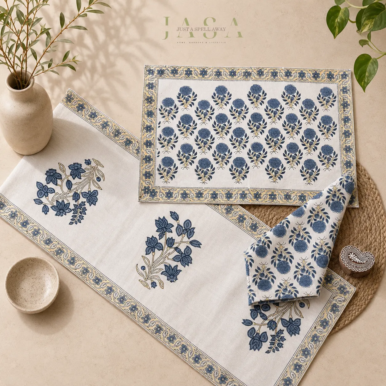 Hand Block Printed Runner Set - Blue Phool