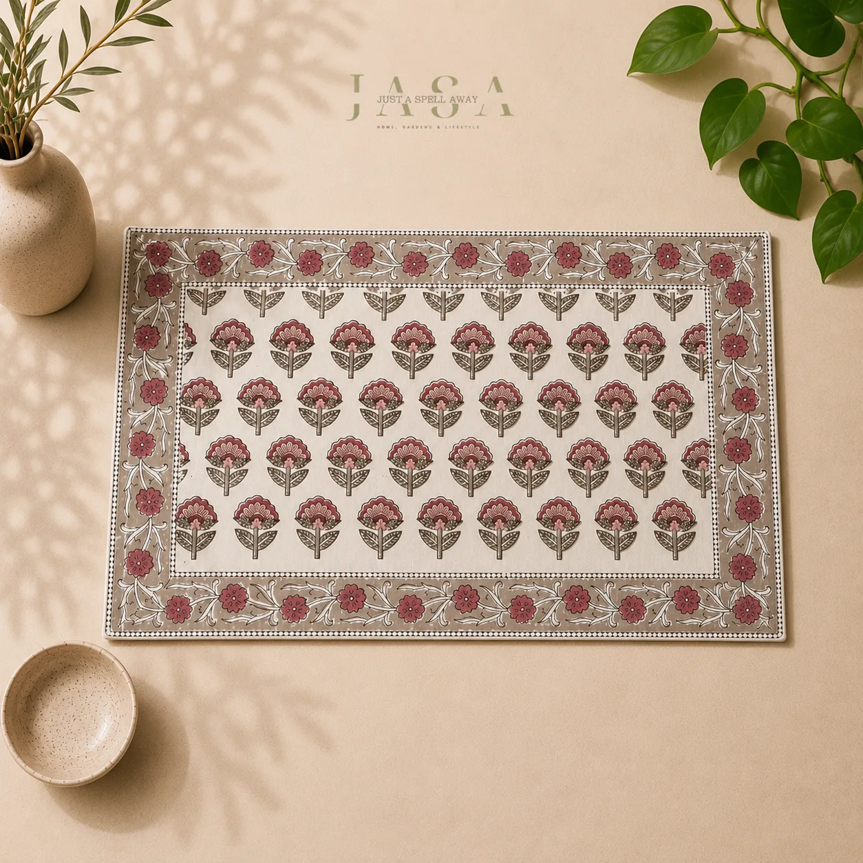 Hand Block Printed Runner Set - Maroon & Pink Phool
