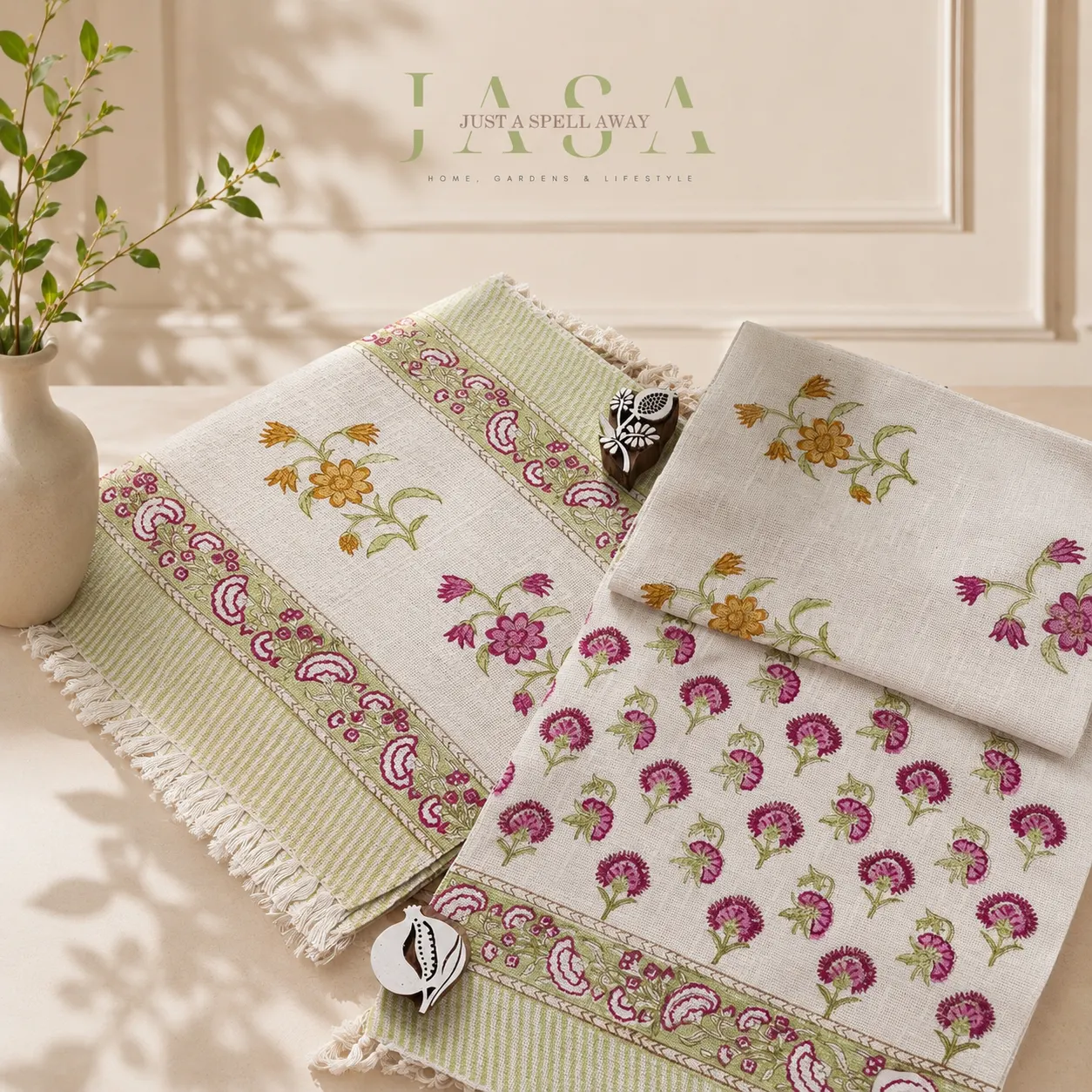 Cotton Jute Runner & Mats Set - Yellow & Pink