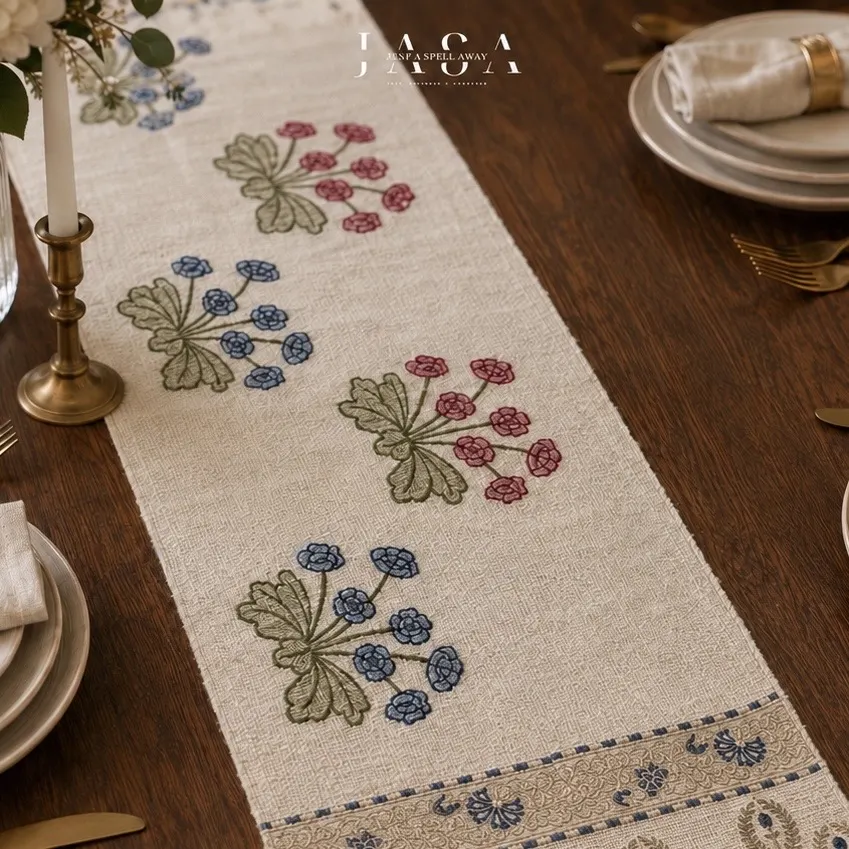 Cotton Jute Table Runner - Pink & Blue Phool