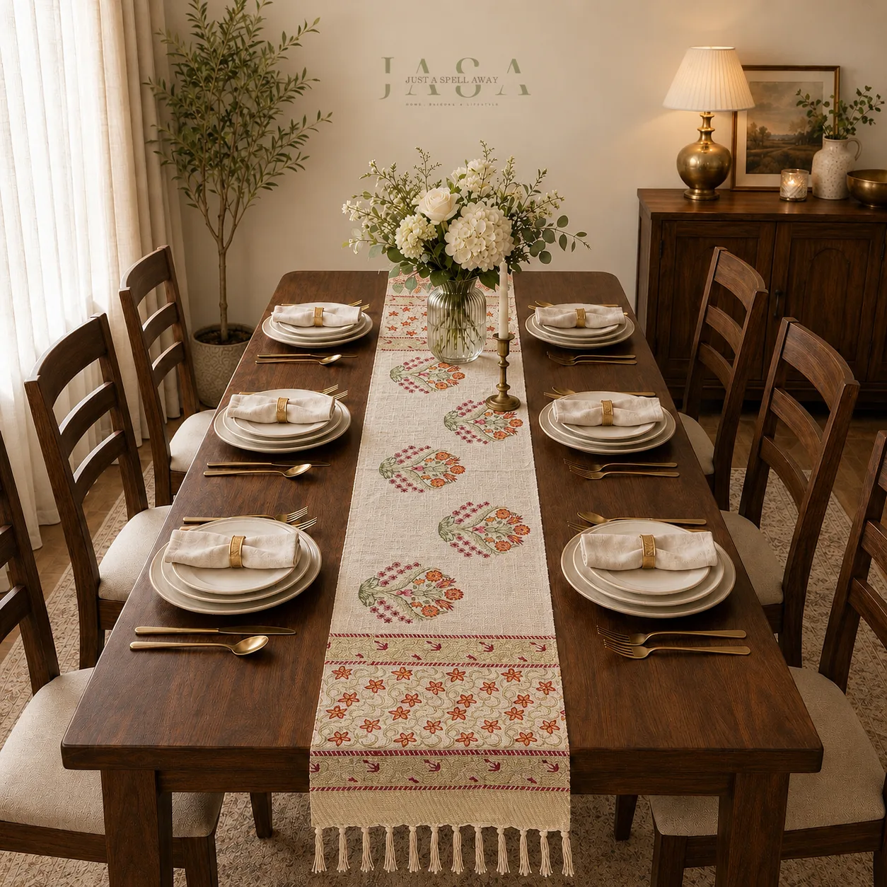 Cotton Jute Table Runner - Red & Yellow Phool