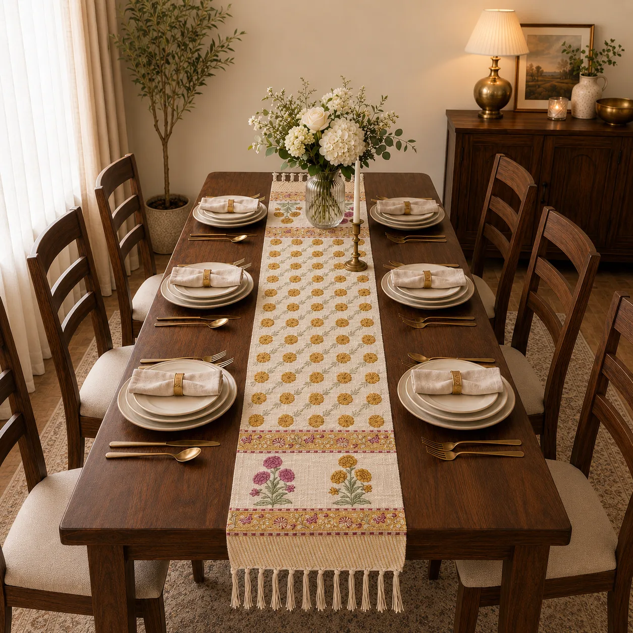 Cotton Jute Table Runner - Yellow Bageecha