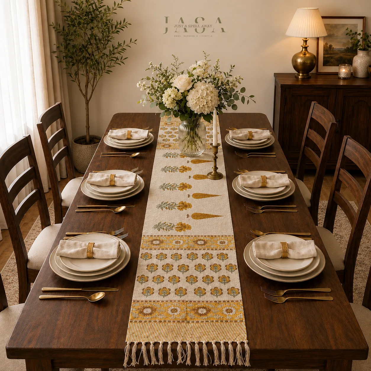 Cotton Jute Table Runner - Yellow Phool
