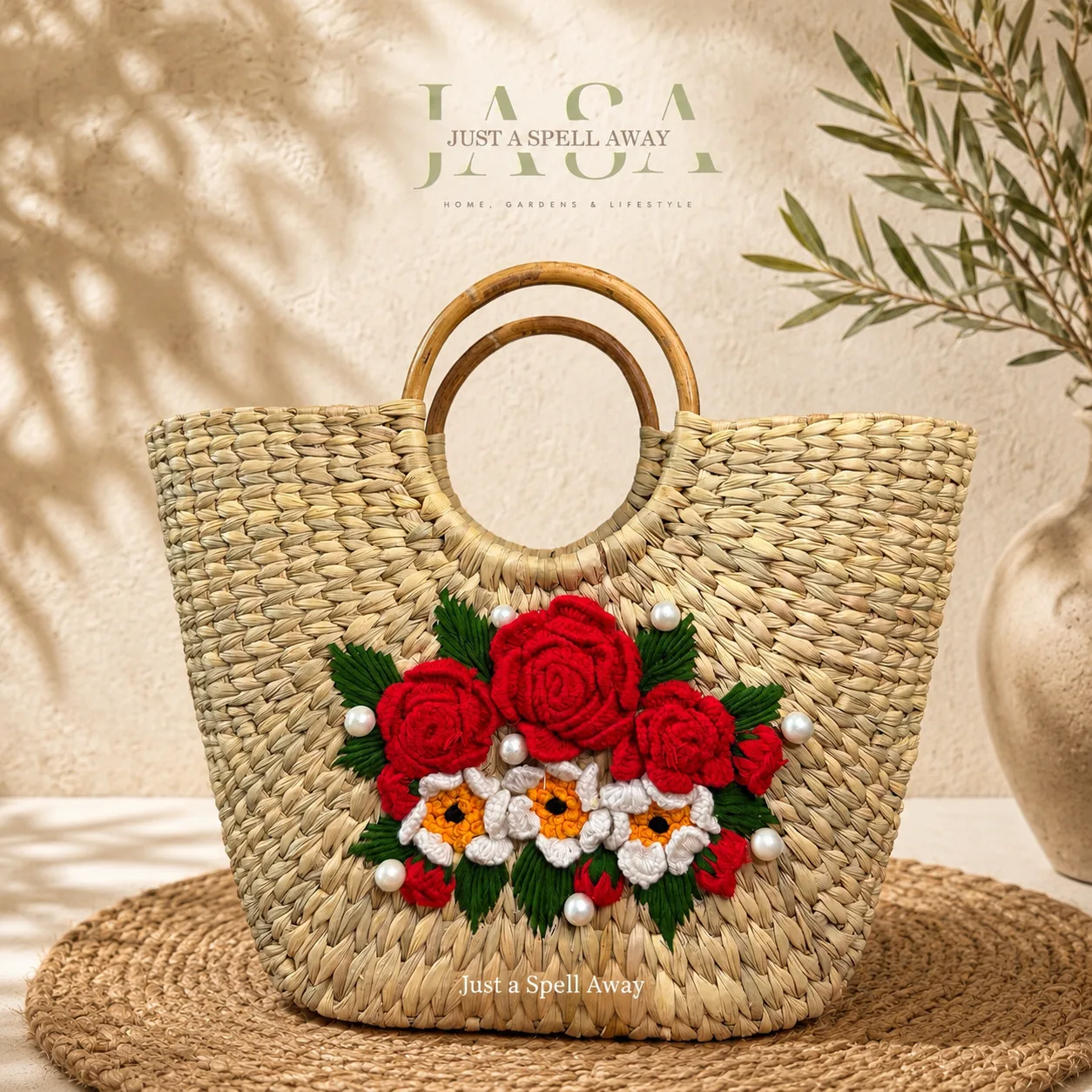 Reed Grass V Style Handbag - Floral Bouquet with Pearls