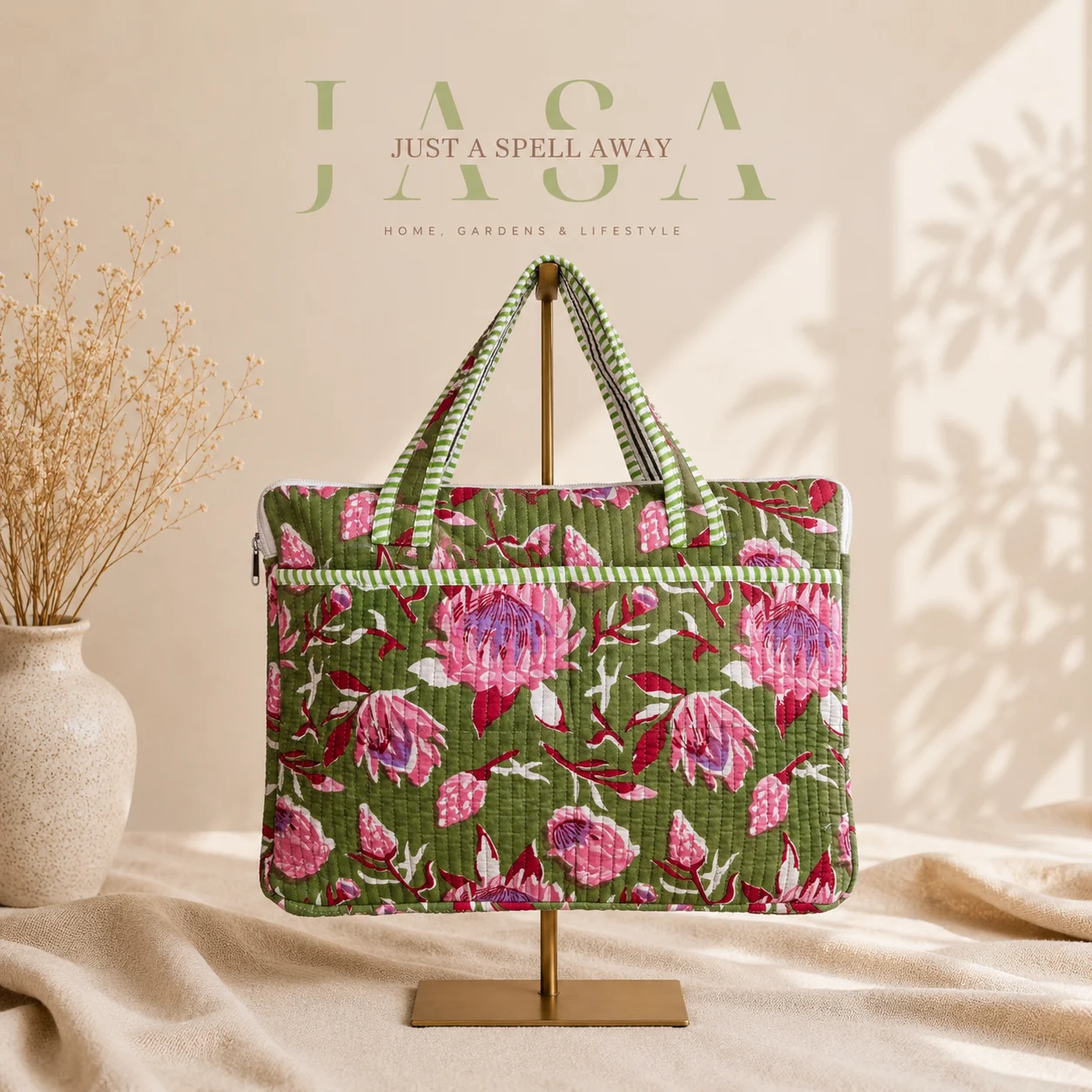 Green Cotton Quilted Laptop Bag