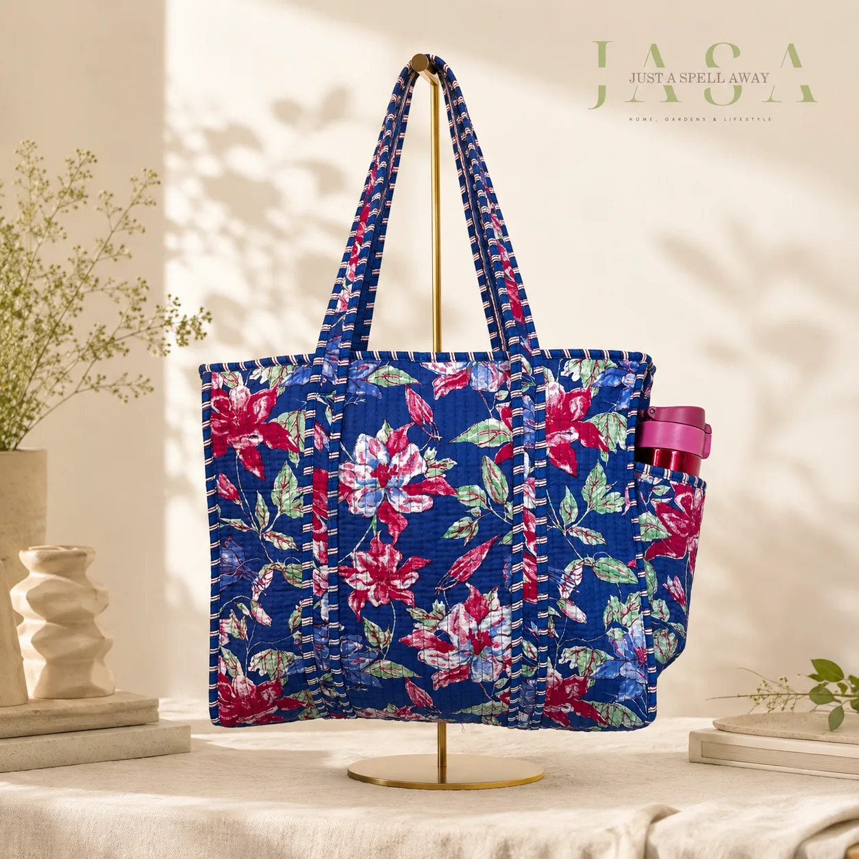 Hand Block Printed 16" Tote Bag - Blue Floral