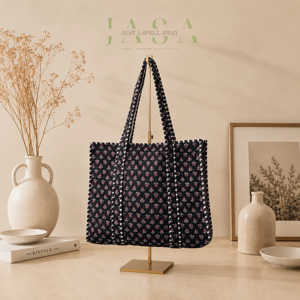 Hand Block Printed 18" Tote Bag - Black & Maroon