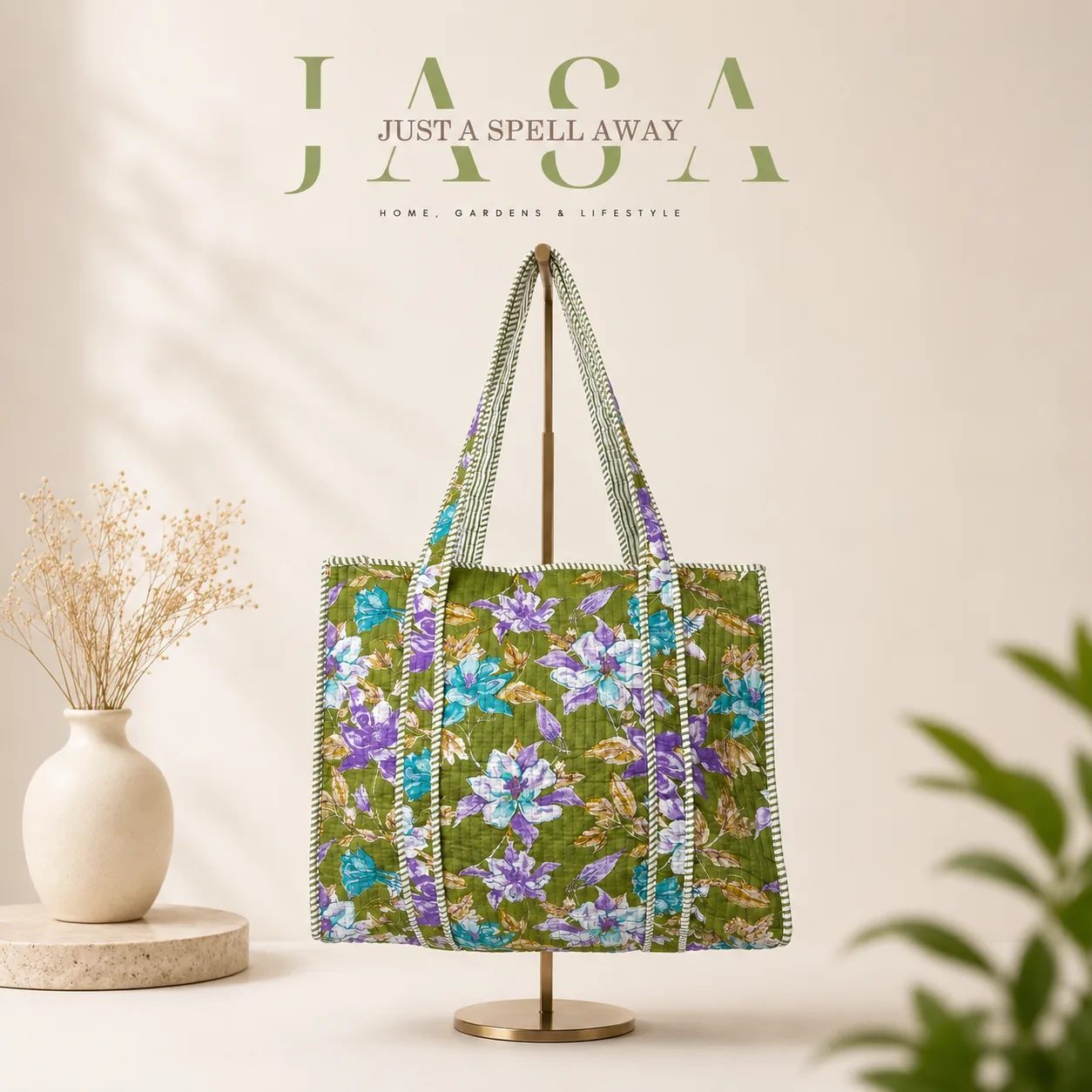 Hand Block Printed 18" Tote Bag - Green