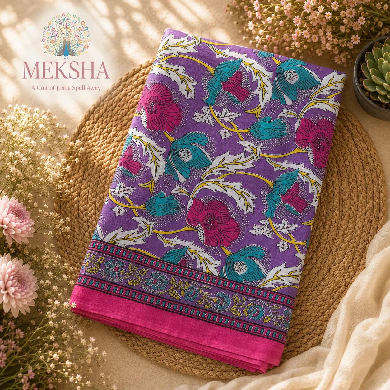 Gulbaag Soft Cotton Printed Saree - Floral Bloom (Pink Border)