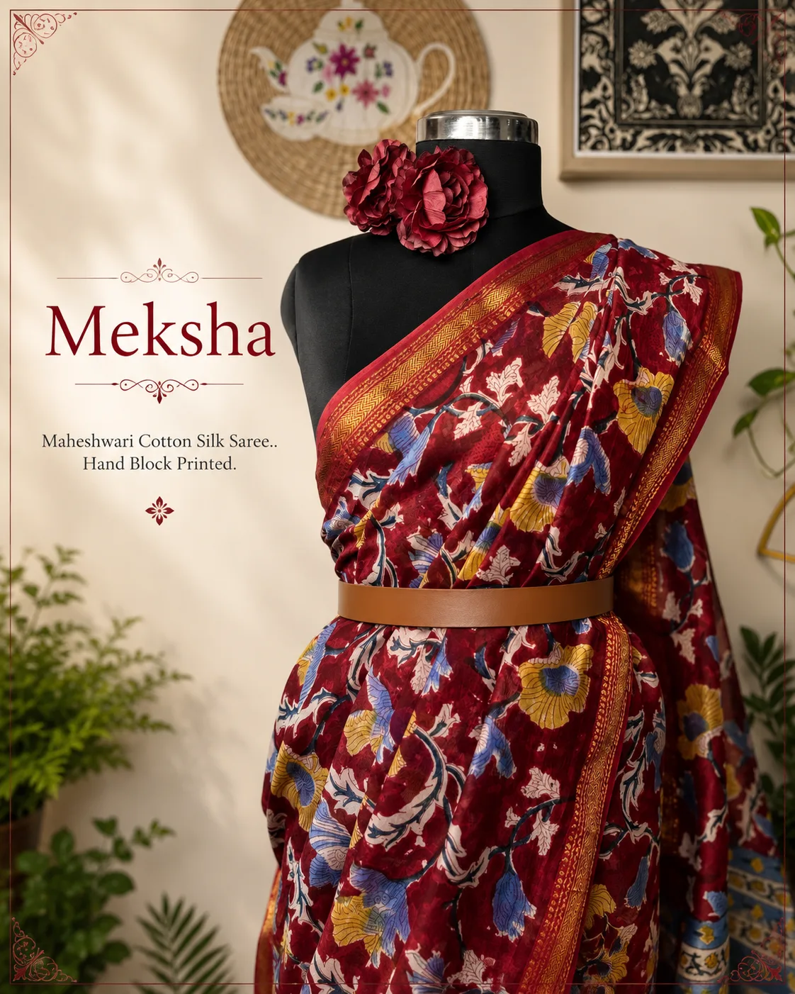 Maheshwari Cotton Silk Saree - Maroon