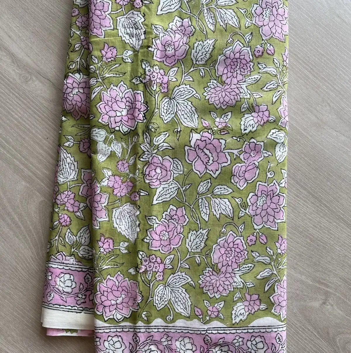 Hand Block Printed Mul Cotton Saree - Light Green
