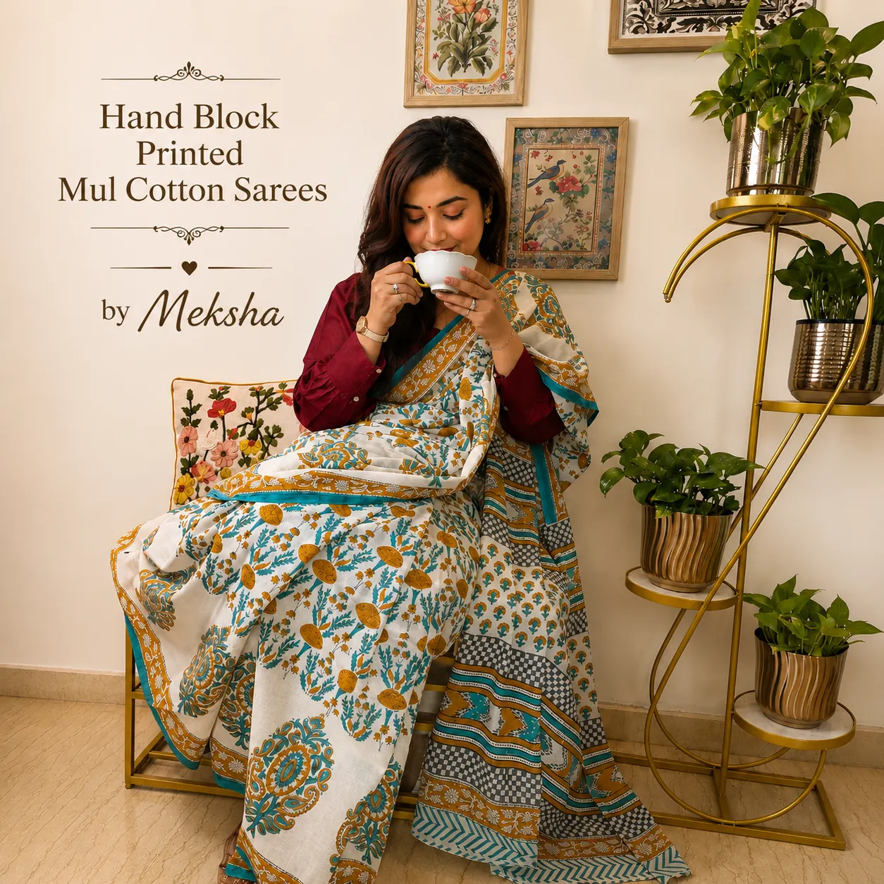 Hand Block Printed Mul Cotton Saree - White