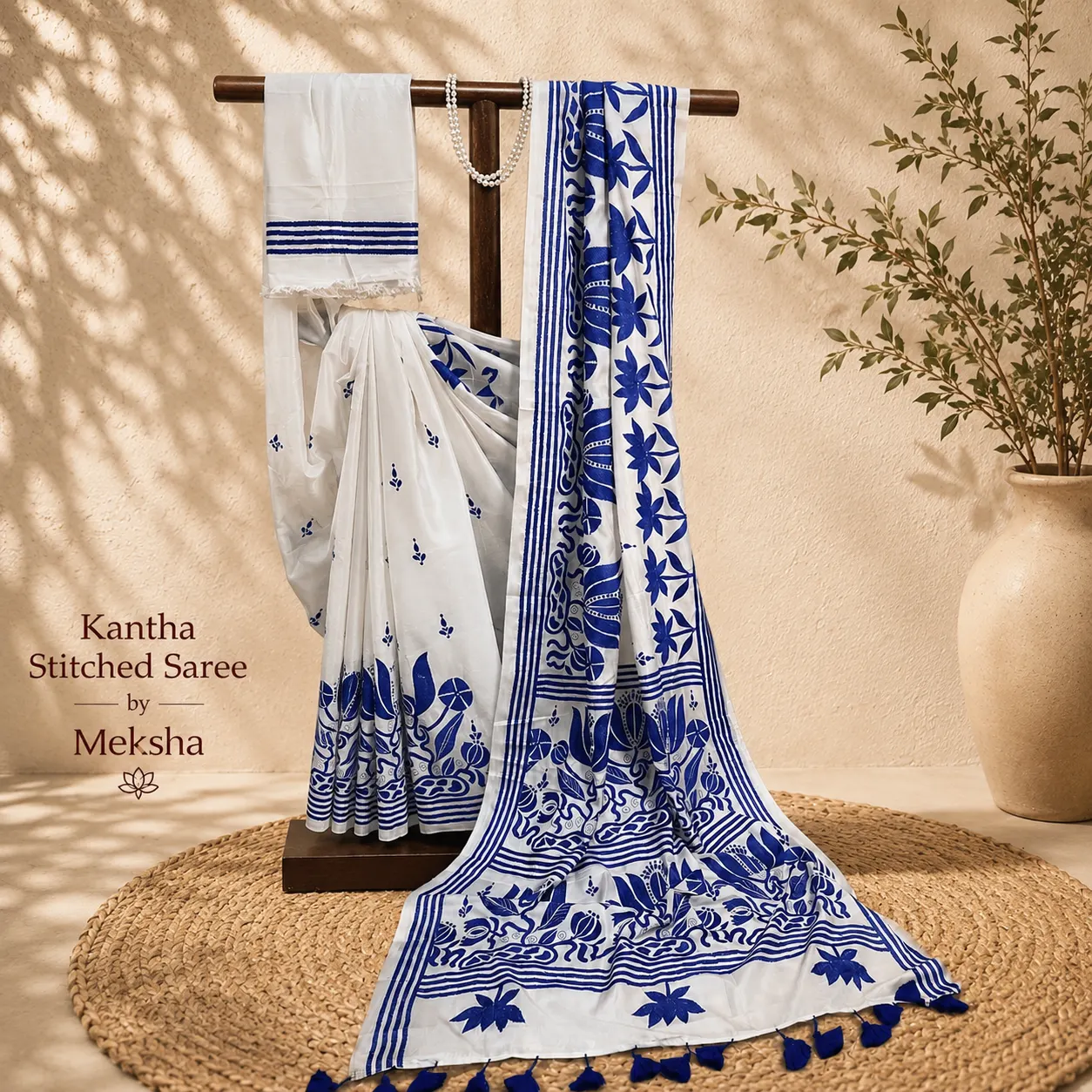 Kantha Stitch Saree - White with Blue Kamal ( Semi Bangalore Silk)