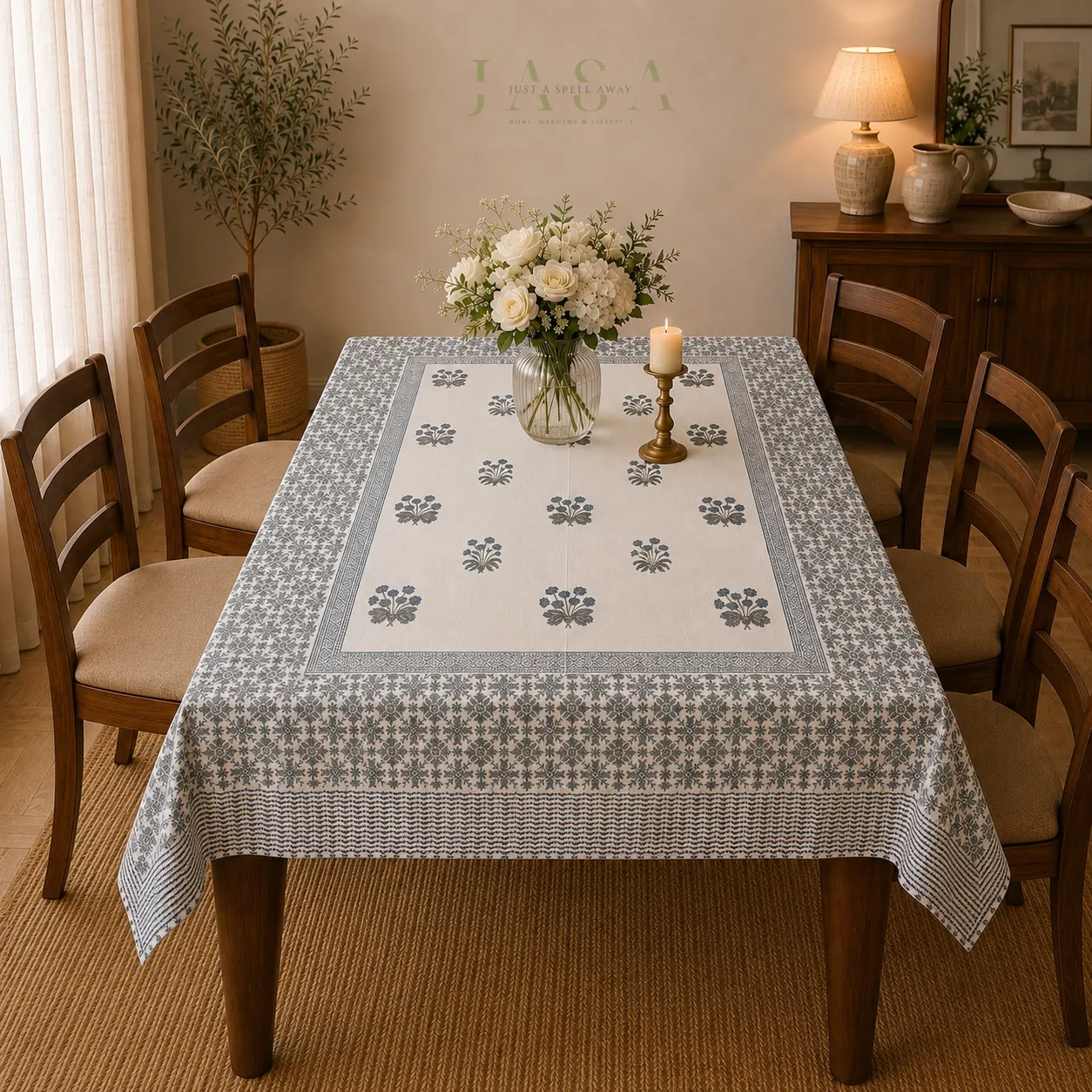 Blue Flowers Cotton Handblock Table Cover