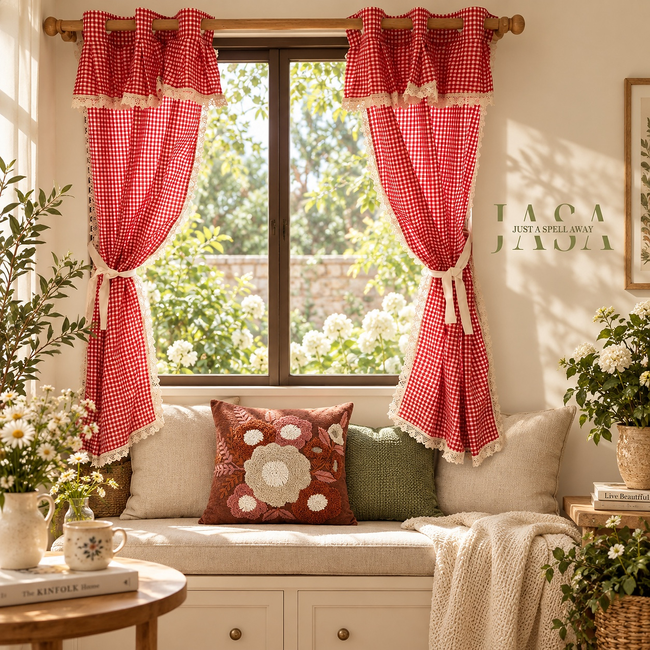 Red Gingham Checks Window Curtains
