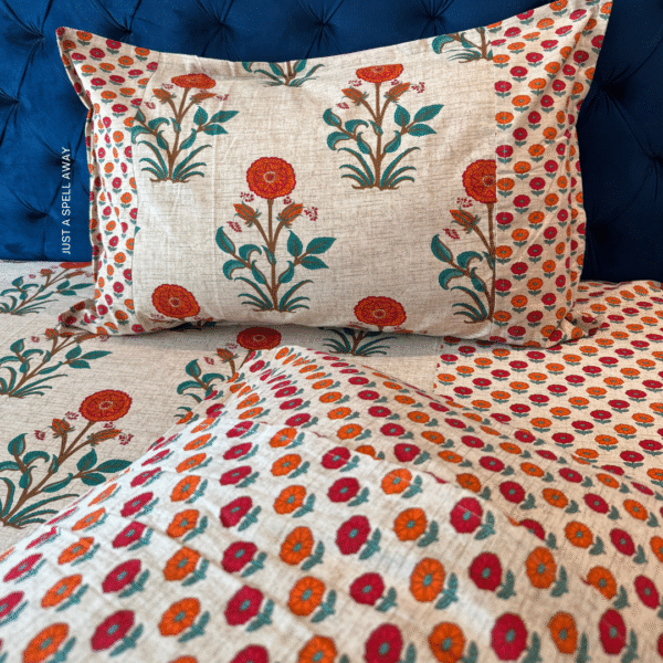 GENDHA PHOOL ORANGE 3 Genda Phool Queen Bedsheet- Orange